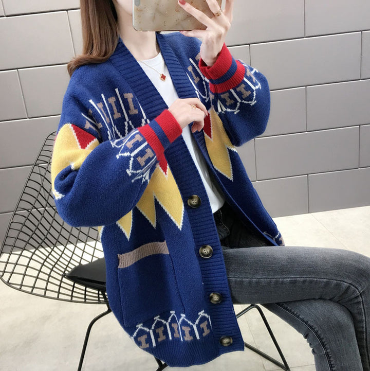 Damen gemusterte Strickjacke mit großen Taschen und Knopfdetails Drune