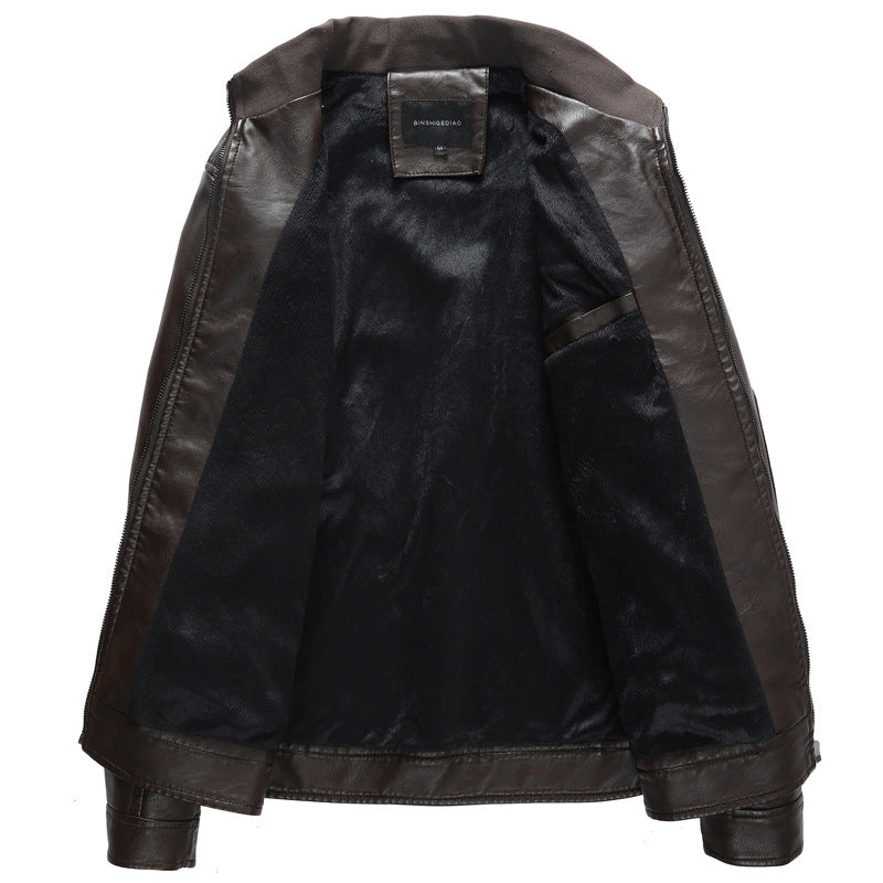 Herren Lederimitat-Bikerjacke mit Stehkragen, Reißverschlusstaschen und schlanker Passform Drune