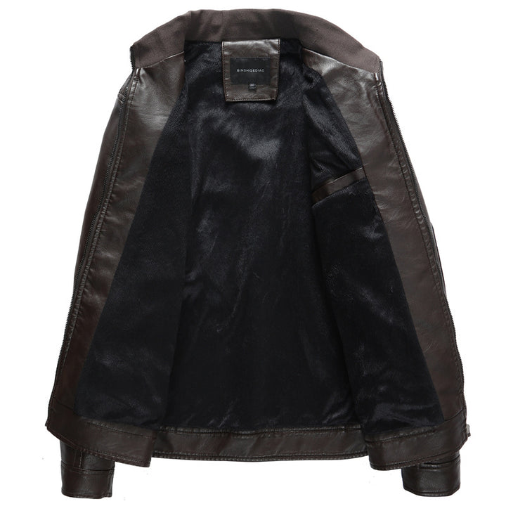 Herren Lederimitat-Bikerjacke mit Stehkragen, Reißverschlusstaschen und schlanker Passform Drune