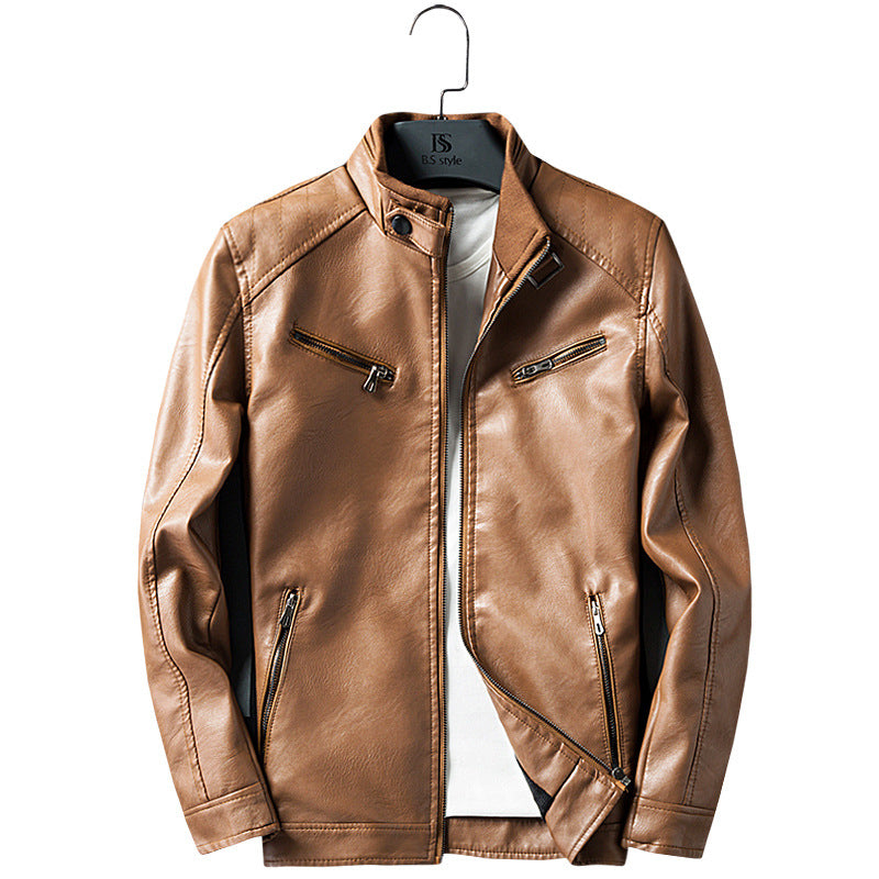 Herren Lederimitat-Bikerjacke mit Stehkragen, Reißverschlusstaschen und schlanker Passform Drune