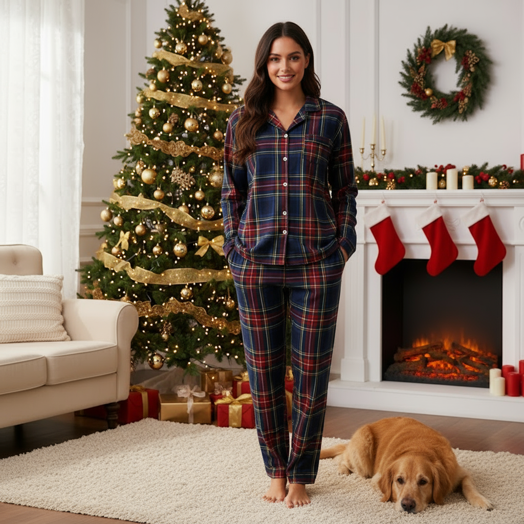 Drune | Familien passende Ferien Schlafanzug Rot Blau Karomuster Lange Ärmel Pyjama Set