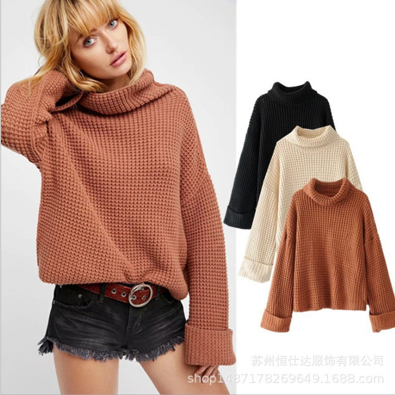 Damen Grobstrickpullover mit lässigem Rollkragen und überschnittenen Ärmeln Drune