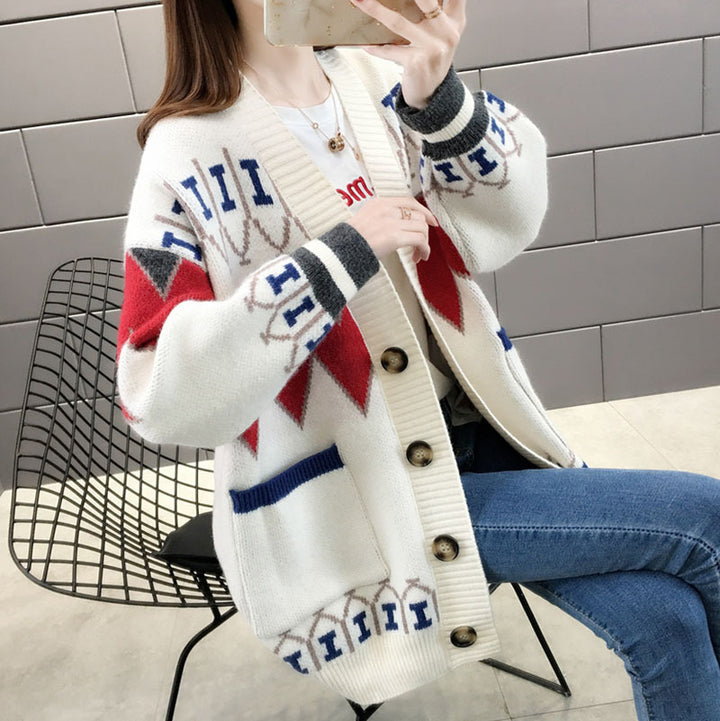 Damen gemusterte Strickjacke mit großen Taschen und Knopfdetails Drune