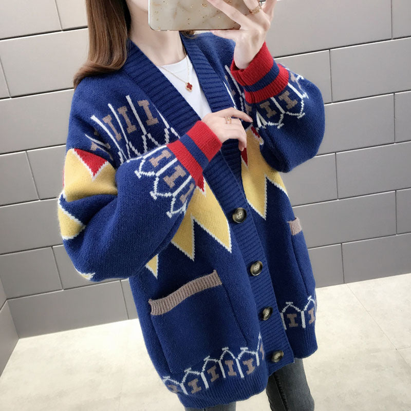 Damen gemusterte Strickjacke mit großen Taschen und Knopfdetails Drune
