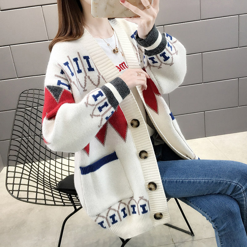 Damen gemusterte Strickjacke mit großen Taschen und Knopfdetails Drune