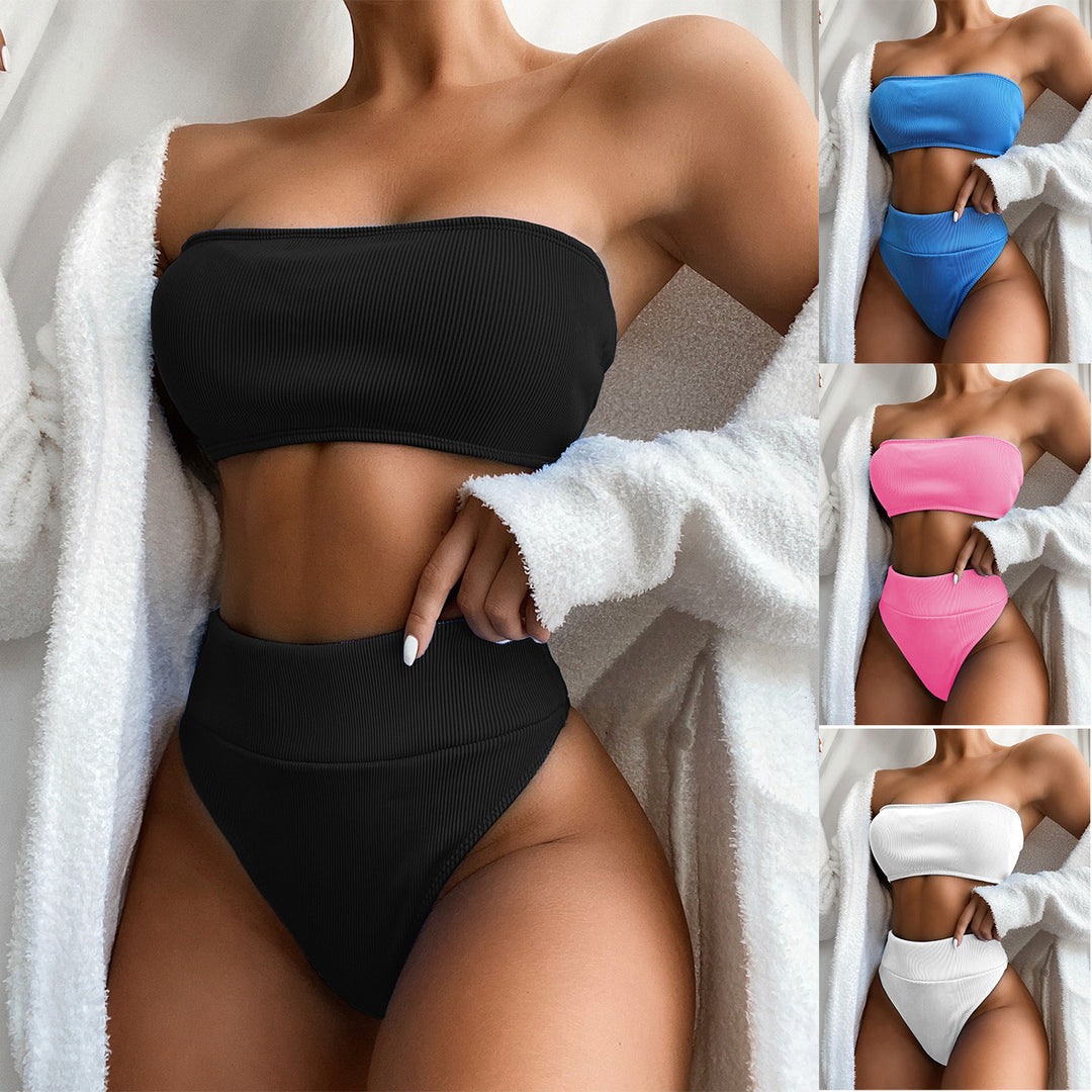 Damen Bandeau-Bikini-Set mit hoher Taille und strukturiertem Design Drune