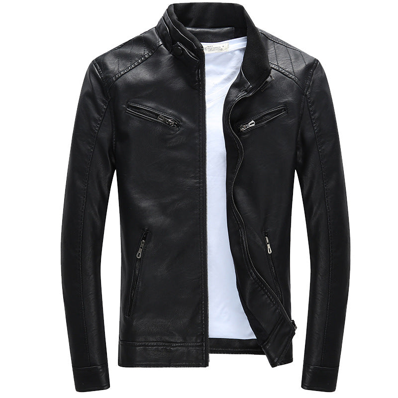 Herren Lederimitat-Bikerjacke mit Stehkragen, Reißverschlusstaschen und schlanker Passform Drune
