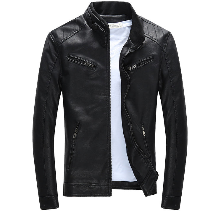 Herren Lederimitat-Bikerjacke mit Stehkragen, Reißverschlusstaschen und schlanker Passform Drune