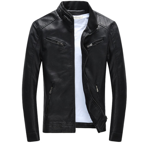 Herren Lederimitat-Bikerjacke mit Stehkragen, Reißverschlusstaschen und schlanker Passform Drune