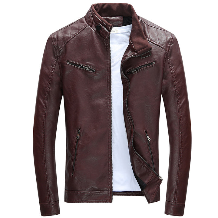 Herren Lederimitat-Bikerjacke mit Stehkragen, Reißverschlusstaschen und schlanker Passform Drune