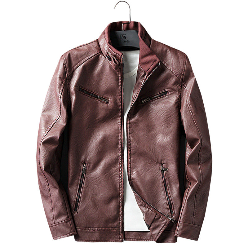 Herren Lederimitat-Bikerjacke mit Stehkragen, Reißverschlusstaschen und schlanker Passform Drune