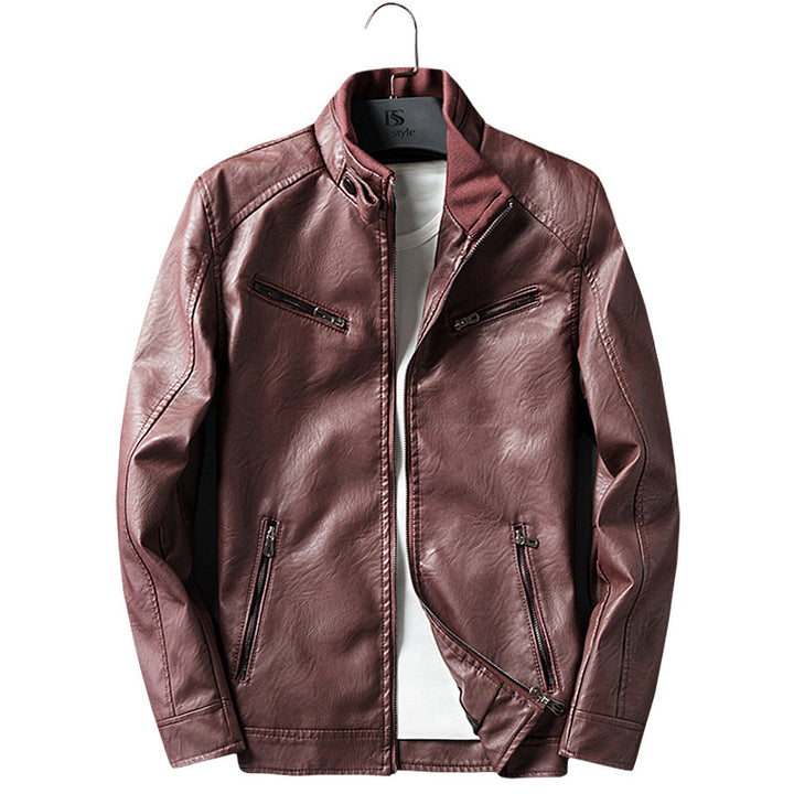 Herren Lederimitat-Bikerjacke mit Stehkragen, Reißverschlusstaschen und schlanker Passform Drune