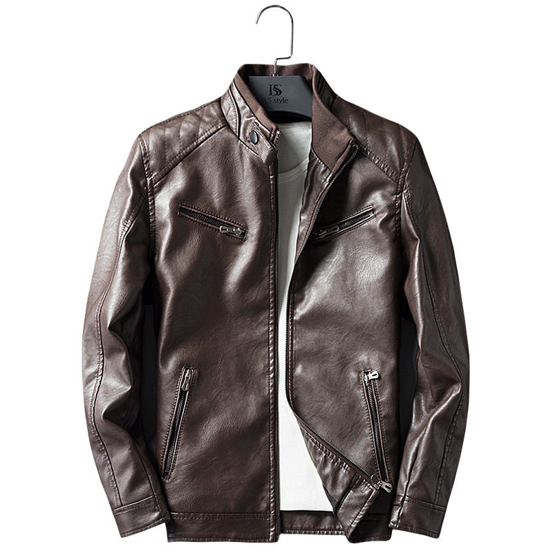 Herren Lederimitat-Bikerjacke mit Stehkragen, Reißverschlusstaschen und schlanker Passform Drune
