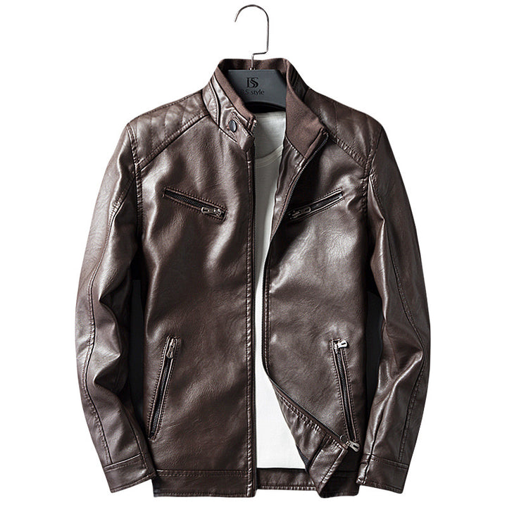 Herren Lederimitat-Bikerjacke mit Stehkragen, Reißverschlusstaschen und schlanker Passform Drune