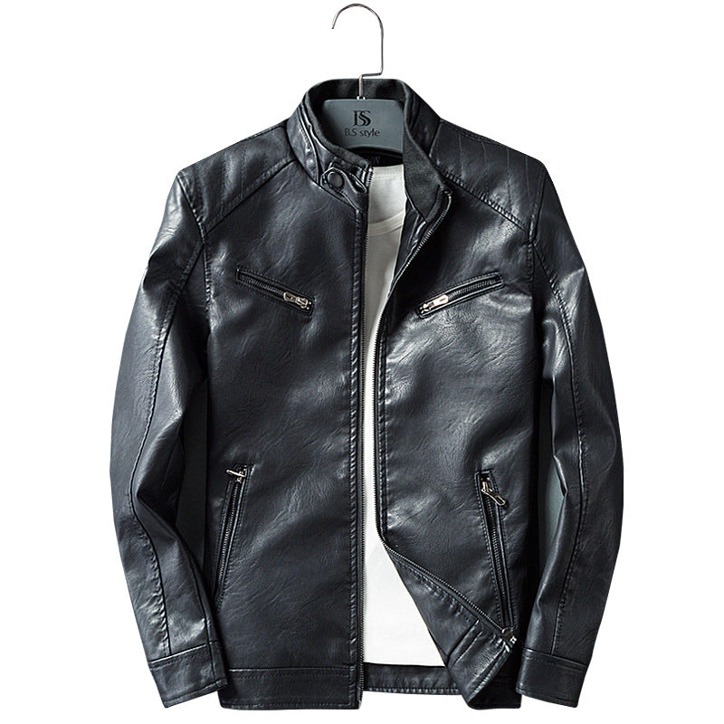 Herren Lederimitat-Bikerjacke mit Stehkragen, Reißverschlusstaschen und schlanker Passform Drune