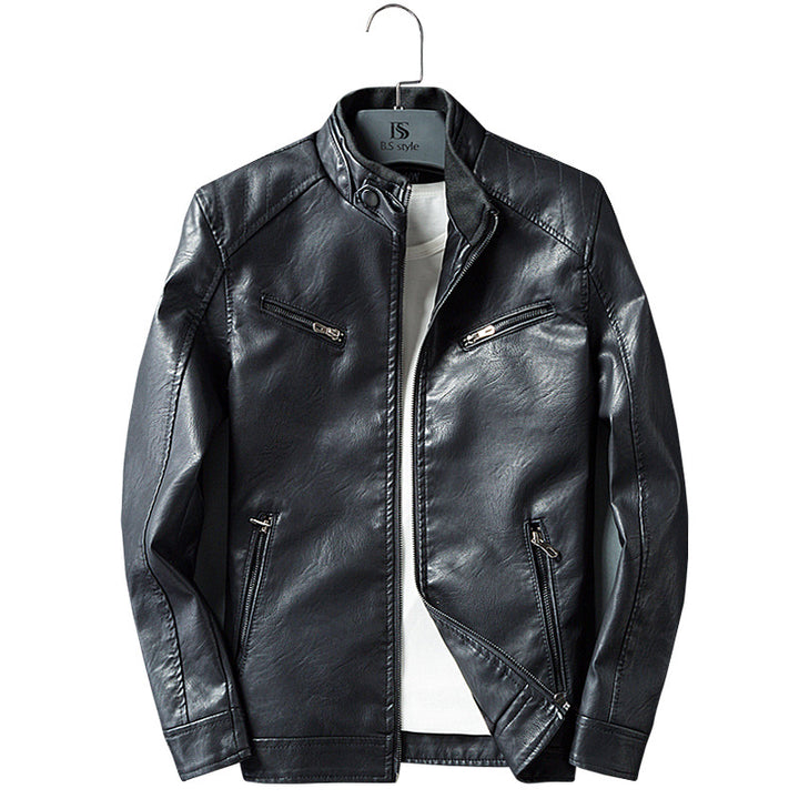 Herren Lederimitat-Bikerjacke mit Stehkragen, Reißverschlusstaschen und schlanker Passform Drune