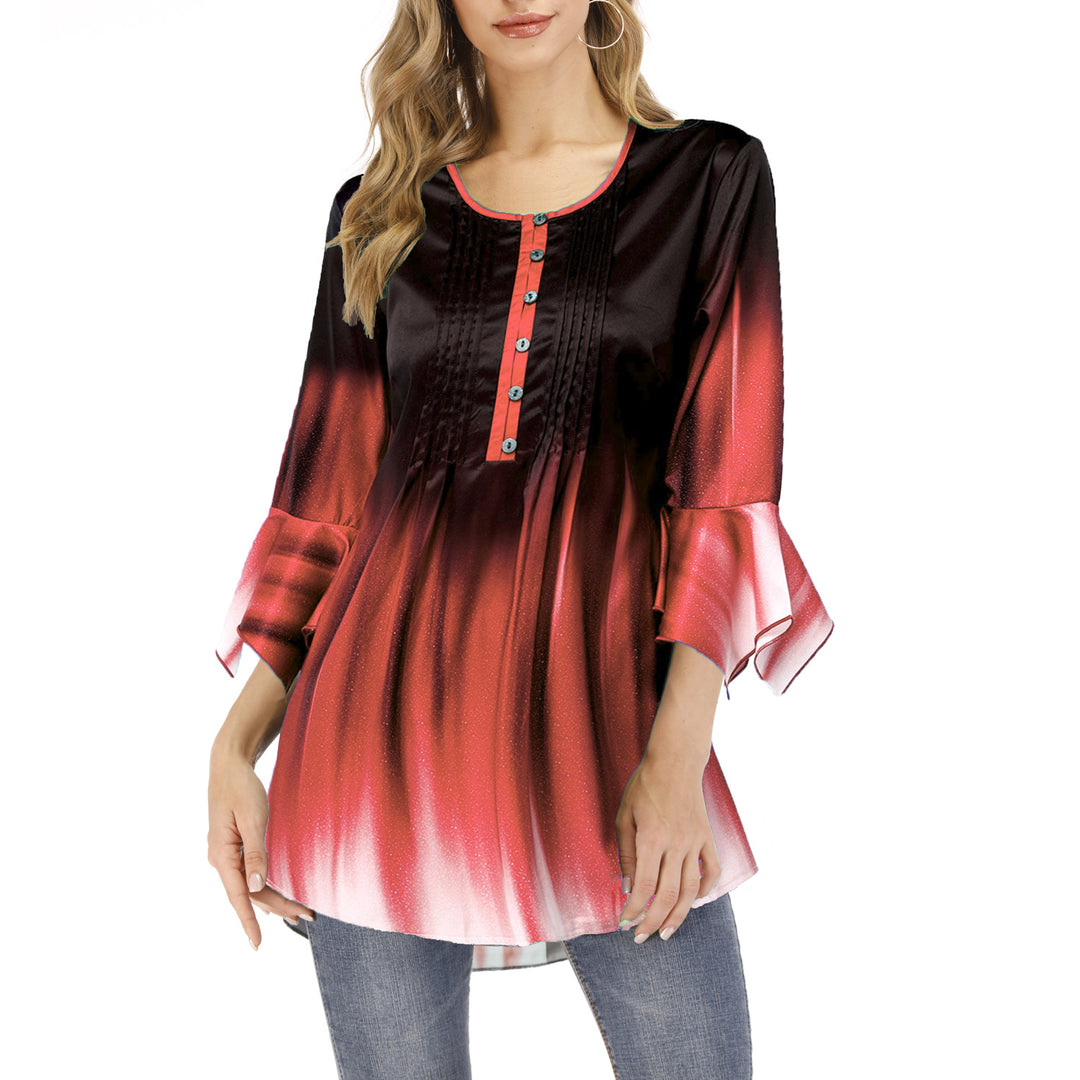 Damen Tunika-Bluse mit Kellerfalten, Schlitzknopfleiste und Glockenärmeln Drune