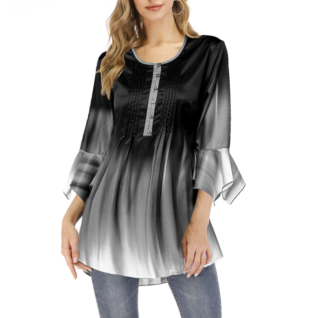 Damen Tunika-Bluse mit Kellerfalten, Schlitzknopfleiste und Glockenärmeln Drune