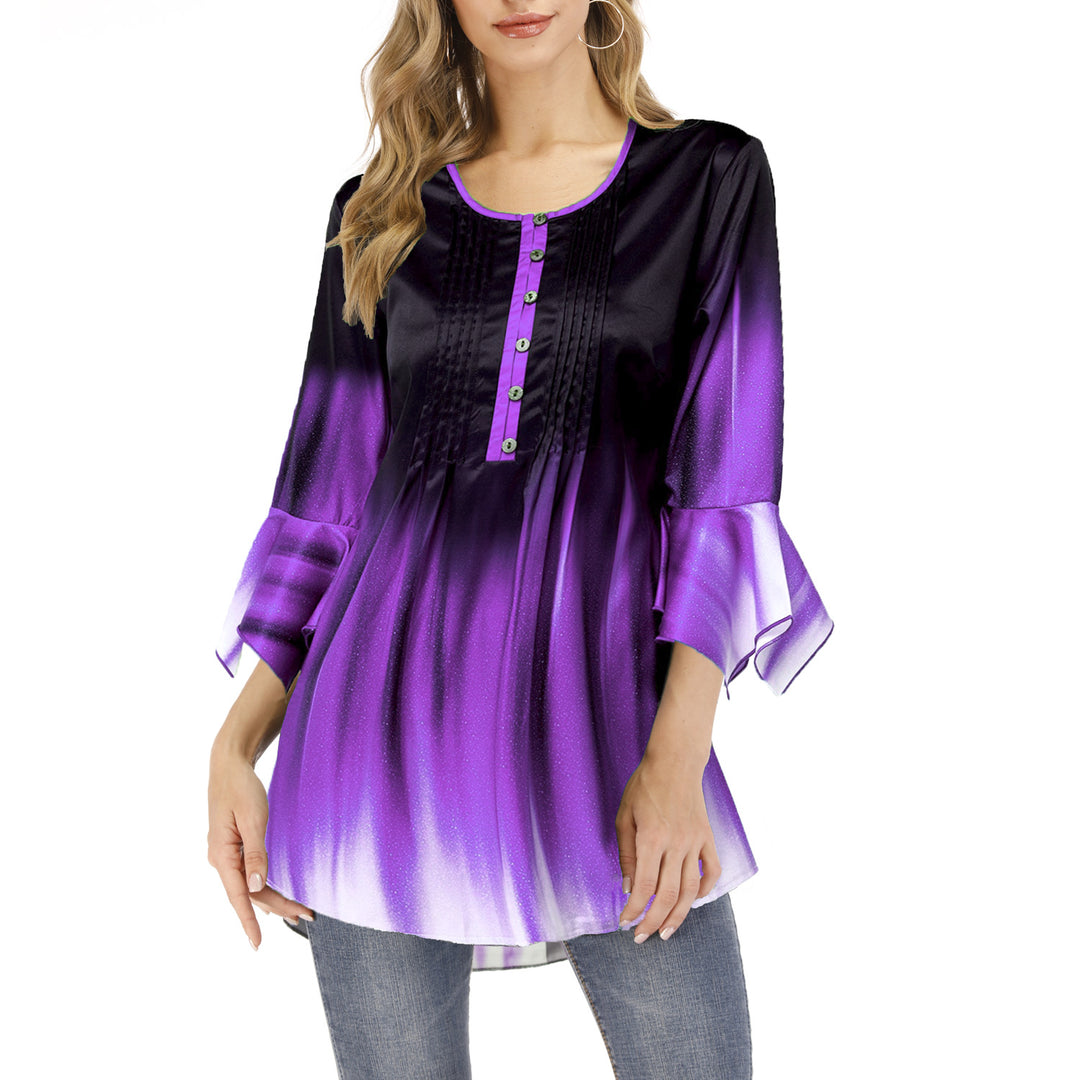 Damen Tunika-Bluse mit Kellerfalten, Schlitzknopfleiste und Glockenärmeln Drune