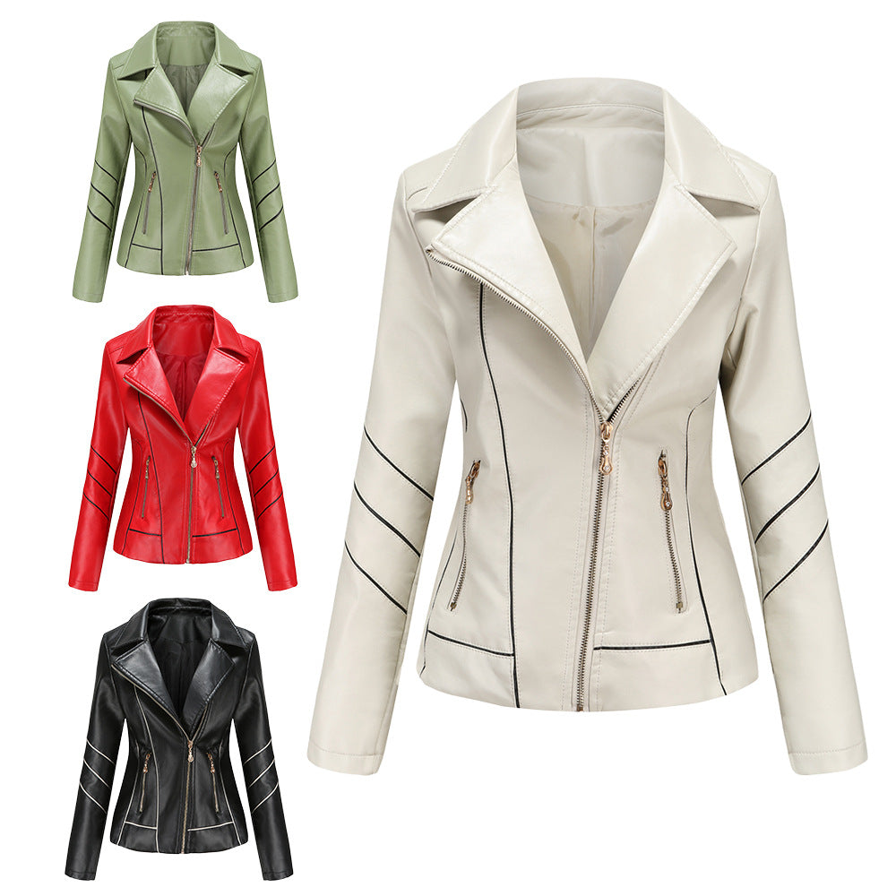 Damen nan taillierte Kunstleder-Bikerjacke mit asymmetrischem Reißverschluss und Ziernähten Drune