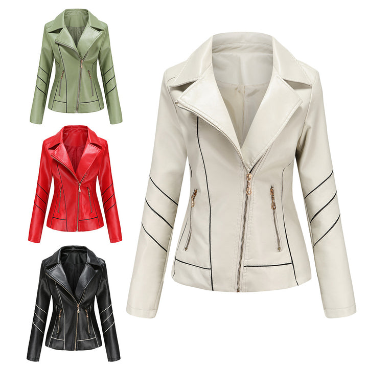 Damen nan taillierte Kunstleder-Bikerjacke mit asymmetrischem Reißverschluss und Ziernähten Drune