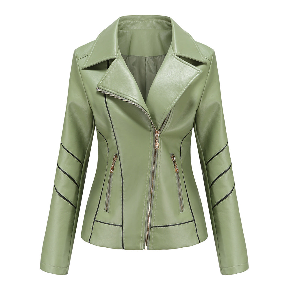 Damen nan taillierte Kunstleder-Bikerjacke mit asymmetrischem Reißverschluss und Ziernähten Drune