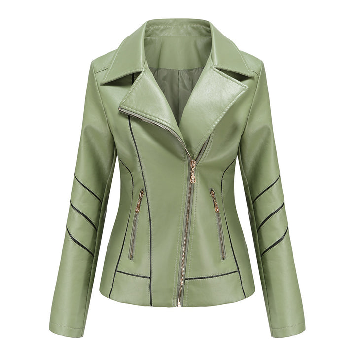 Damen nan taillierte Kunstleder-Bikerjacke mit asymmetrischem Reißverschluss und Ziernähten Drune