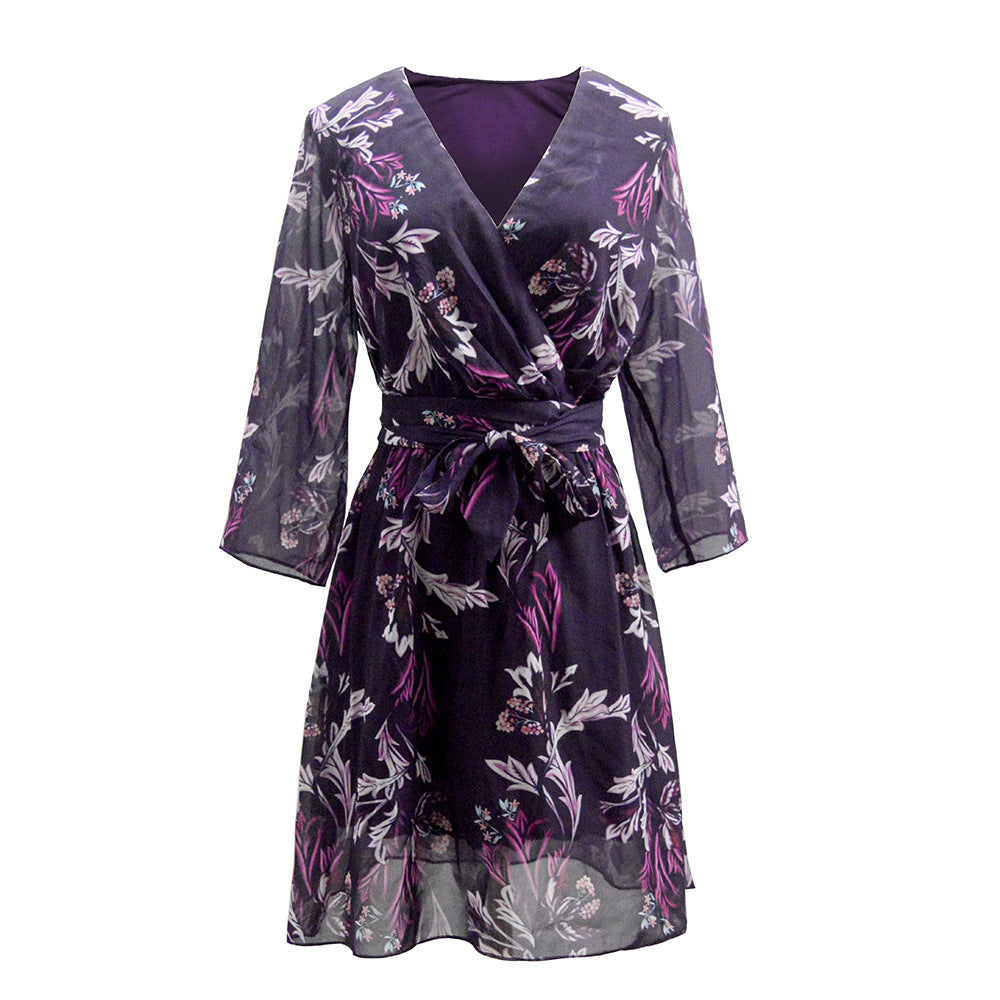 Damen Chiffon Wickelkleid mit floralem Alloverprint V‑Ausschnitt & Bindegürtel Drune