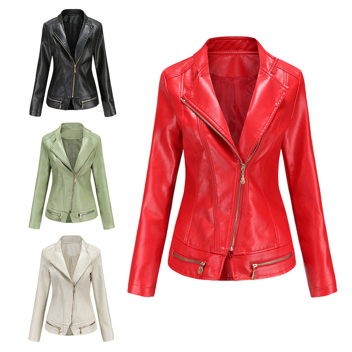 Damen nan taillierter Kunstleder-Blazer mit diagonalem Reißverschluss und Ziernähten Drune