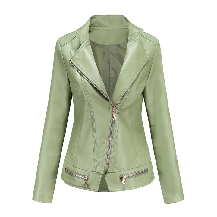 Damen nan taillierter Kunstleder-Blazer mit diagonalem Reißverschluss und Ziernähten Drune