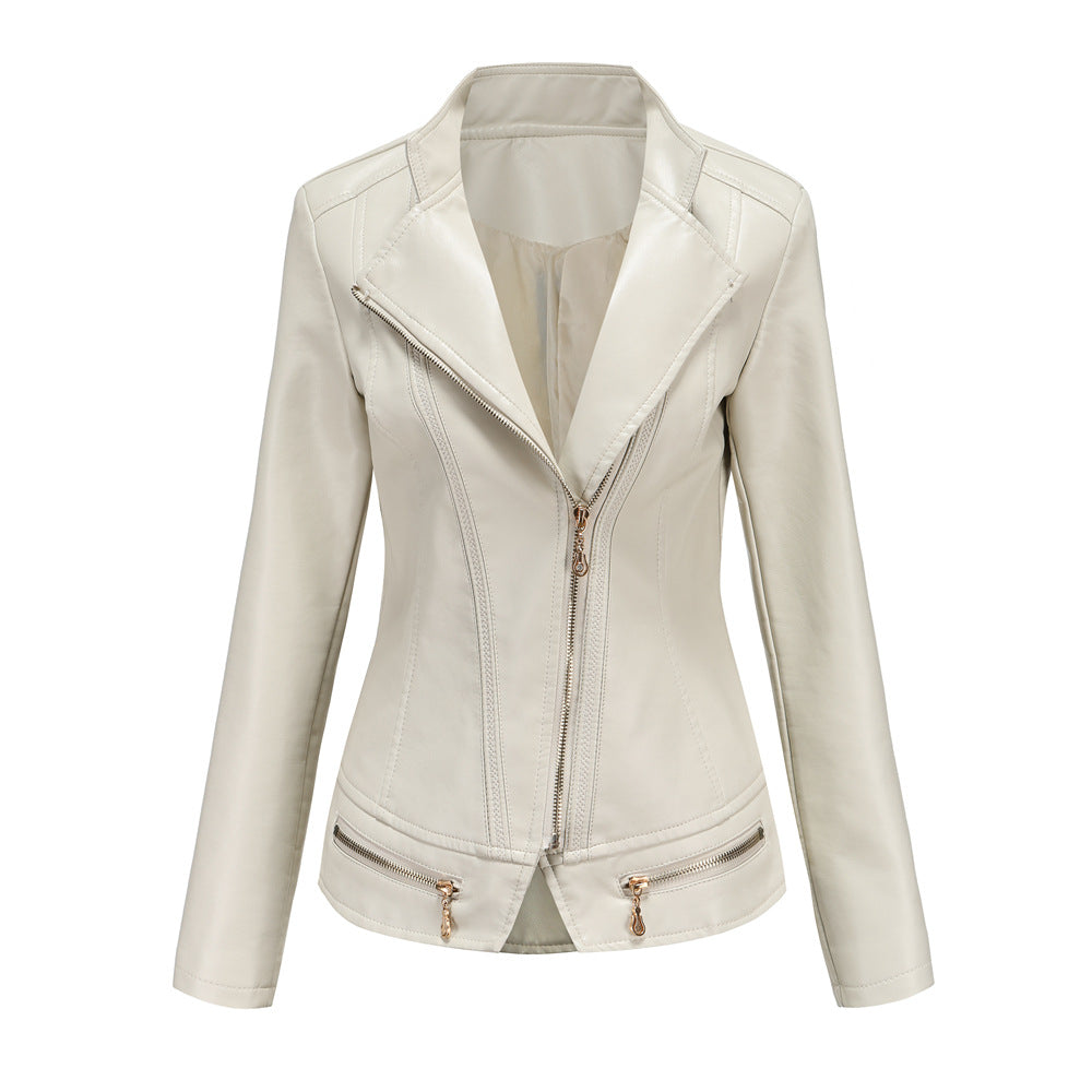Damen nan taillierter Kunstleder-Blazer mit diagonalem Reißverschluss und Ziernähten Drune