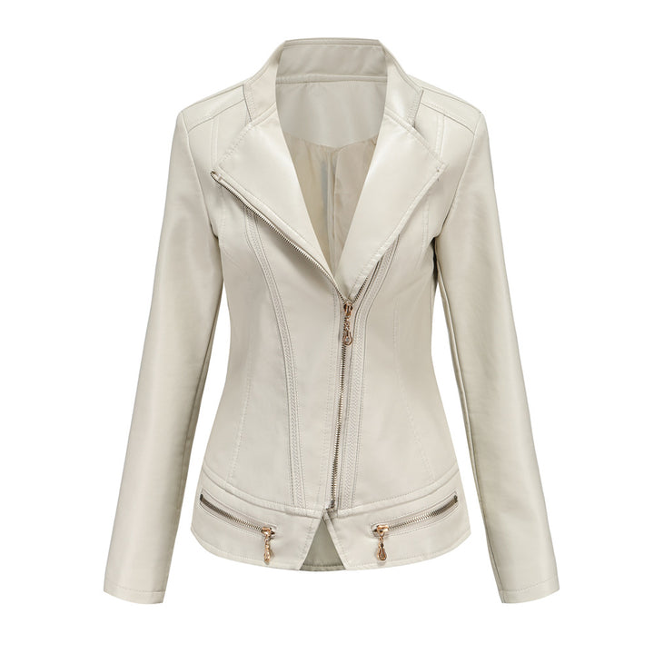 Damen nan taillierter Kunstleder-Blazer mit diagonalem Reißverschluss und Ziernähten Drune