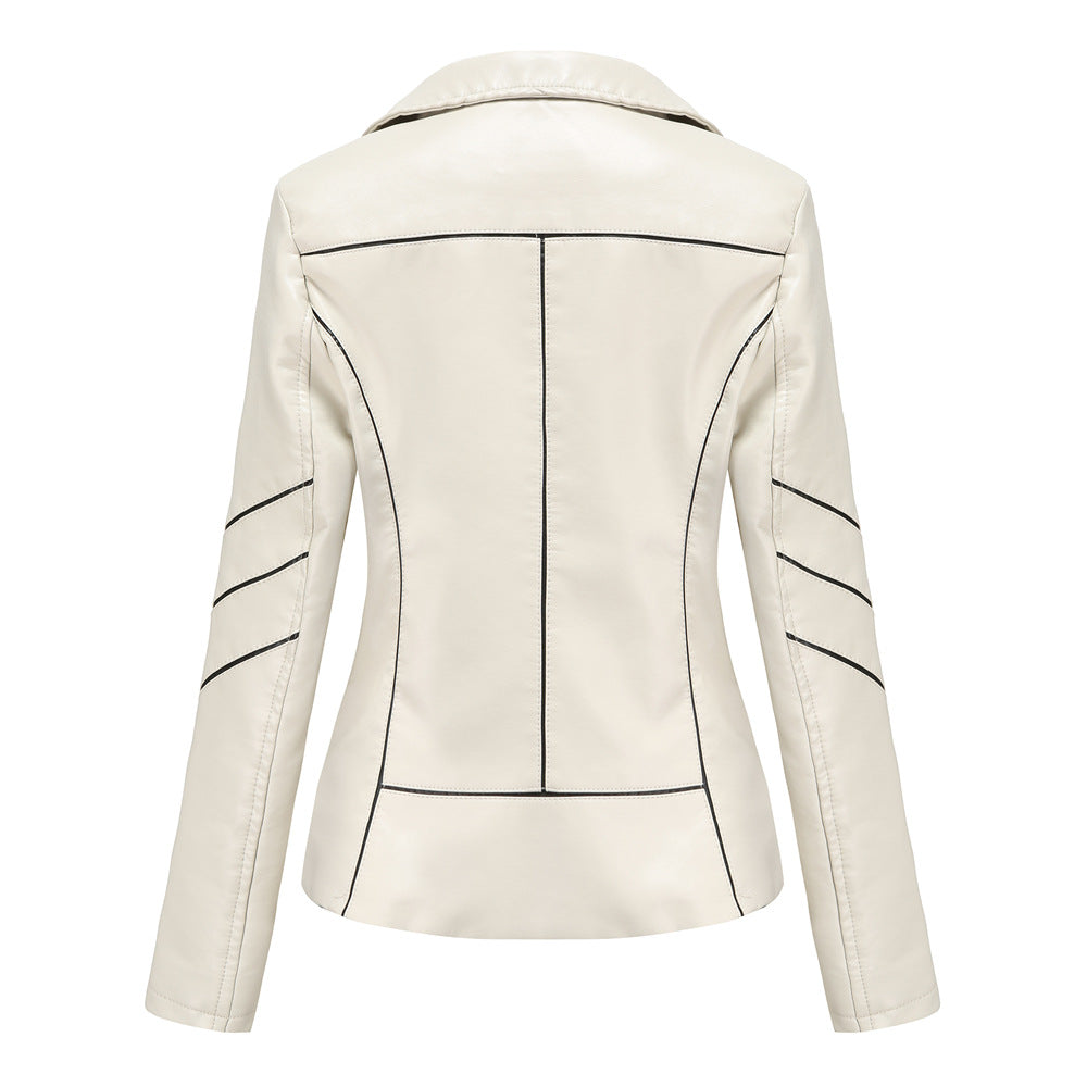 Damen nan taillierte Kunstleder-Bikerjacke mit asymmetrischem Reißverschluss und Ziernähten Drune