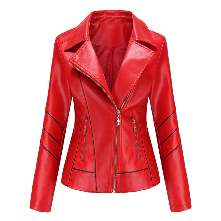 Damen nan taillierte Kunstleder-Bikerjacke mit asymmetrischem Reißverschluss und Ziernähten Drune