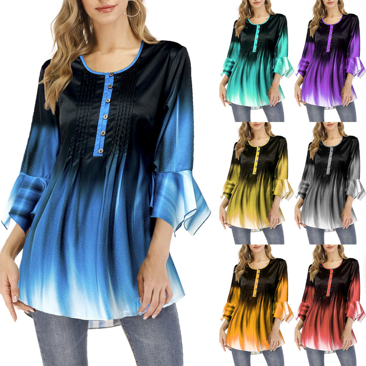 Damen Tunika-Bluse mit Kellerfalten, Schlitzknopfleiste und Glockenärmeln Drune