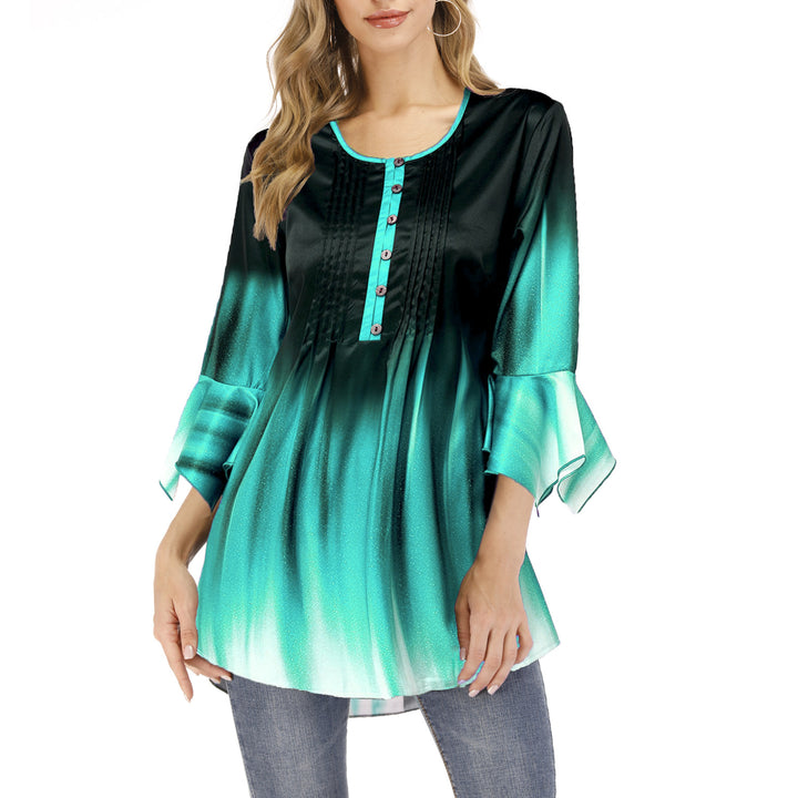 Damen Tunika-Bluse mit Kellerfalten, Schlitzknopfleiste und Glockenärmeln Drune