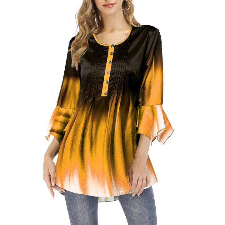 Damen Tunika-Bluse mit Kellerfalten, Schlitzknopfleiste und Glockenärmeln Drune