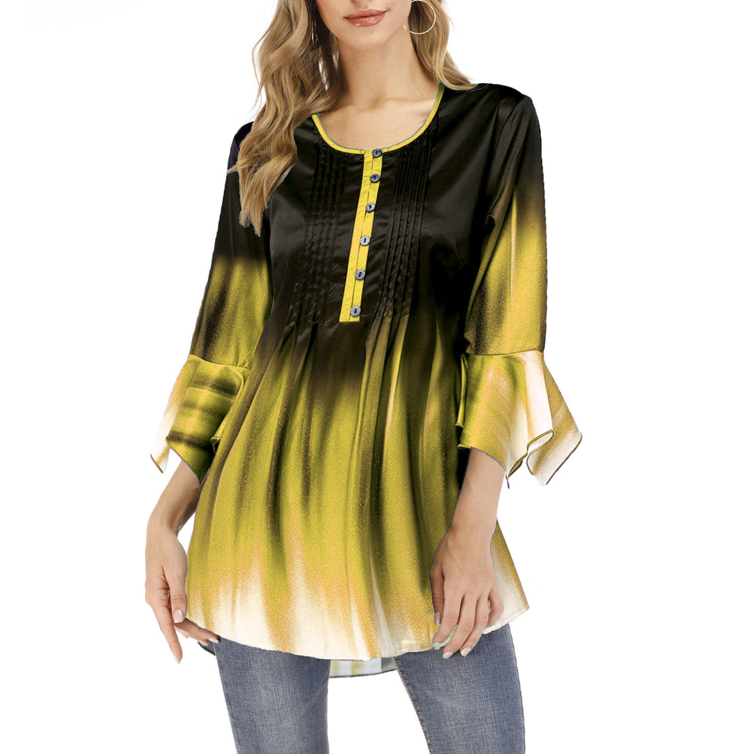 Damen Tunika-Bluse mit Kellerfalten, Schlitzknopfleiste und Glockenärmeln Drune