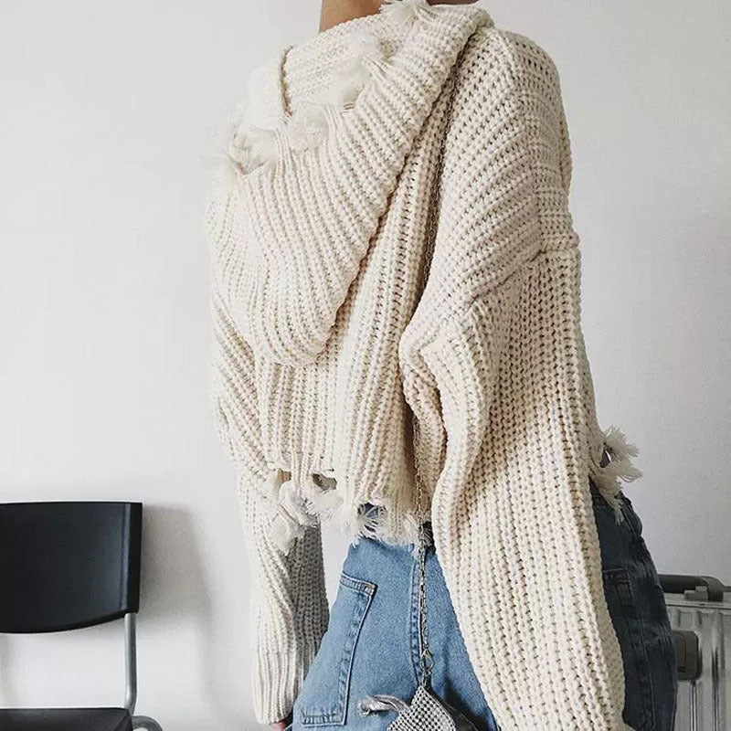Damen Großer Strickhoodie mit Reißverschluss und Fransen Drune