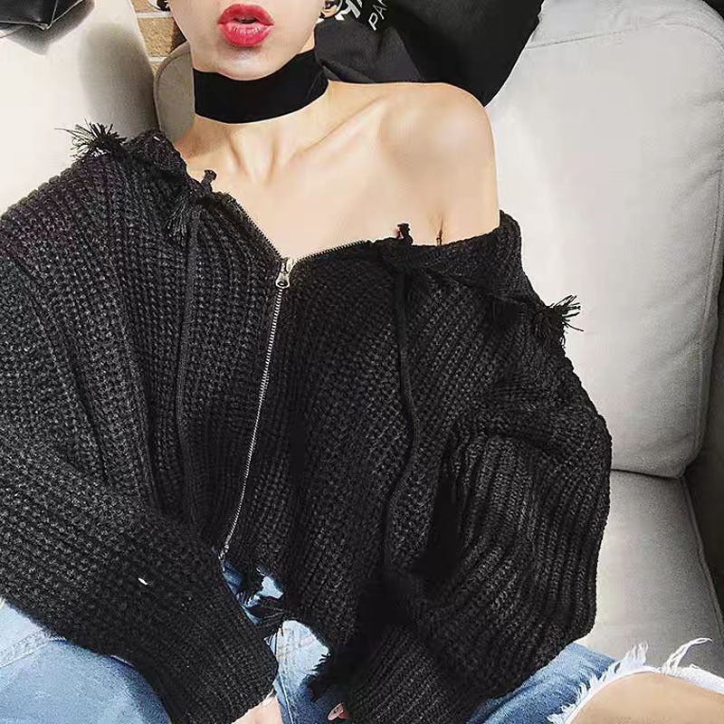 Damen Großer Strickhoodie mit Reißverschluss und Fransen Drune