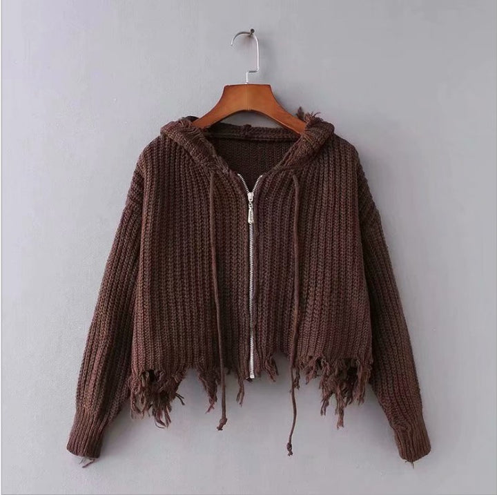 Damen Großer Strickhoodie mit Reißverschluss und Fransen Drune