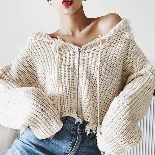 Damen Großer Strickhoodie mit Reißverschluss und Fransen Drune