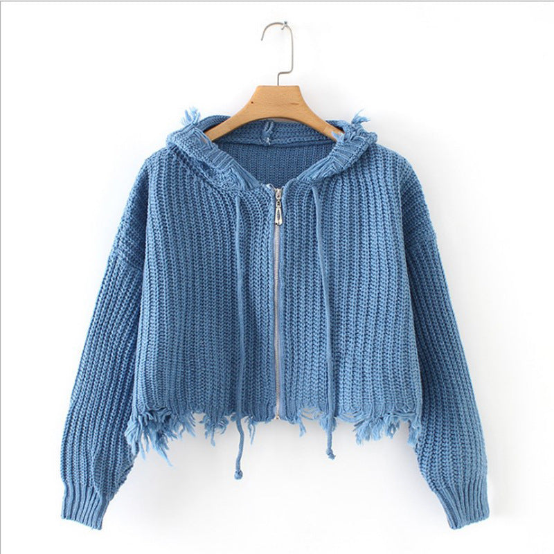 Damen Großer Strickhoodie mit Reißverschluss und Fransen Drune