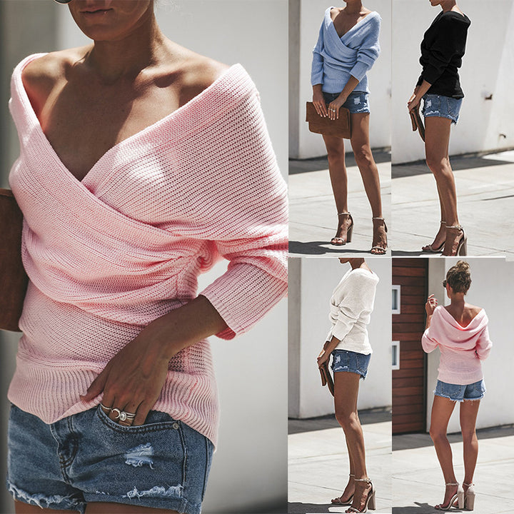 Damen lässiger Wickelpulli mit tiefem V-Ausschnitt Drune