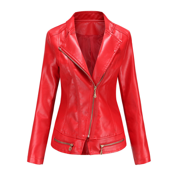 Damen nan taillierter Kunstleder-Blazer mit diagonalem Reißverschluss und Ziernähten Drune