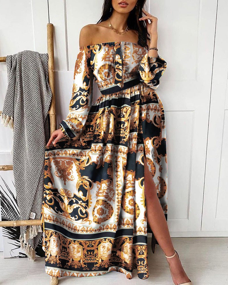 Damen Maxikleid mit schulterfreiem Design und elegantem Print Drune