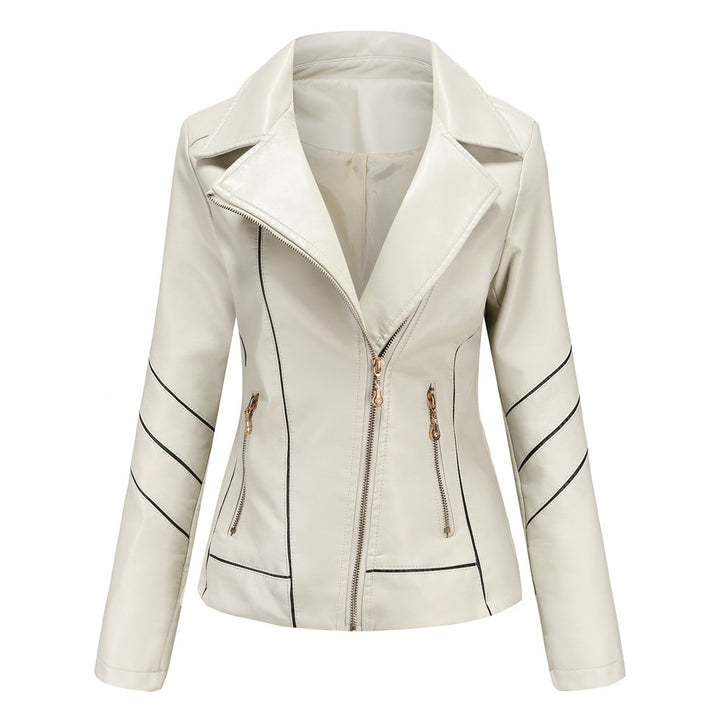 Damen nan taillierte Kunstleder-Bikerjacke mit asymmetrischem Reißverschluss und Ziernähten Drune