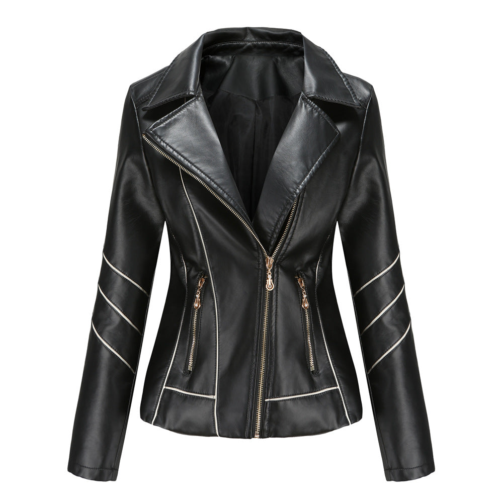 Damen nan taillierte Kunstleder-Bikerjacke mit asymmetrischem Reißverschluss und Ziernähten Drune