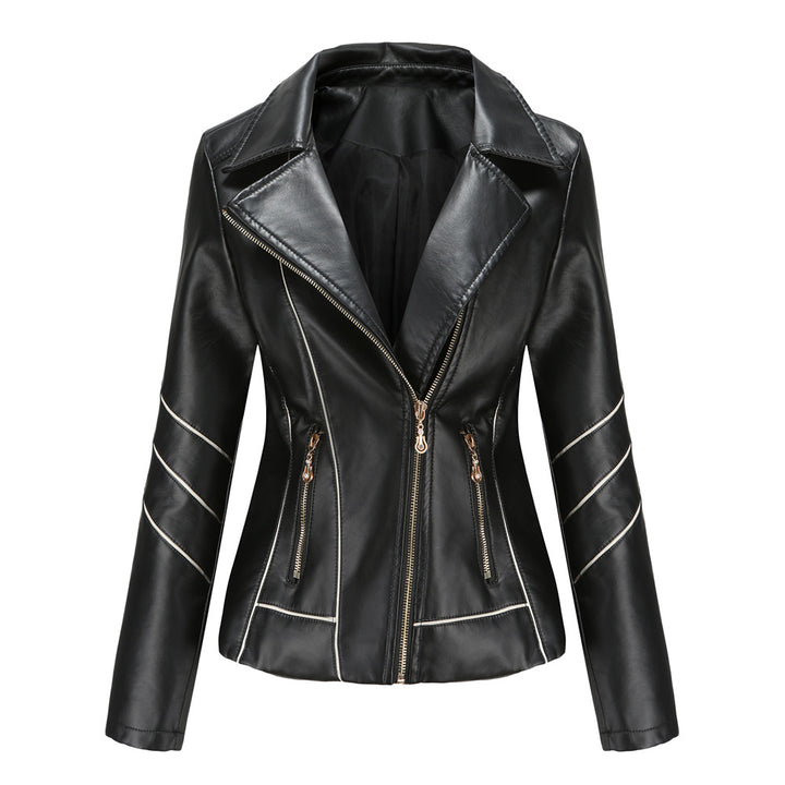 Damen nan taillierte Kunstleder-Bikerjacke mit asymmetrischem Reißverschluss und Ziernähten Drune