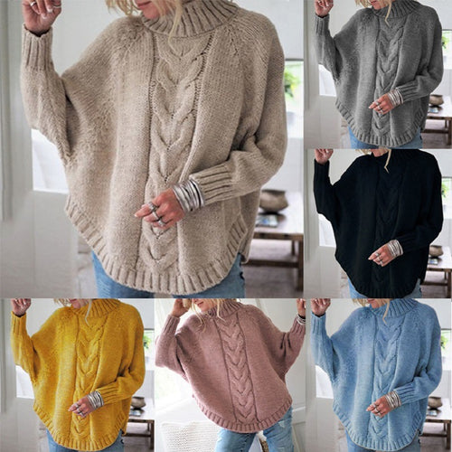 Damen Grobstrickpullover mit Stehkragen und Zopfmuster Drune